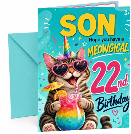 Son 22nd Birthday Card Meowgical Cat Unicorn Rainbow Cocktail