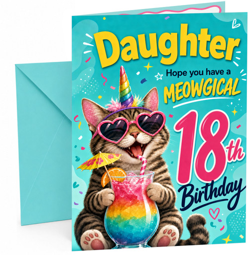 Daughter 18th Birthday Card Meowgical Unicorn Cat Cocktail