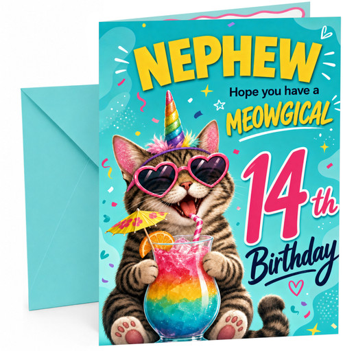 Nephew 14th Birthday Card Meowgical Unicorn Cat Cocktail