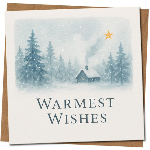 Warmest Wishes Christmas Card - Winter Cabin Watercolour, 145mm x 145mm - Elegant Seasonal Greeting, Includes Kraft Envelope
