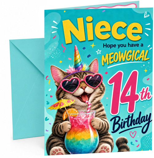 Niece 14th Birthday Card Unicorn Cat Rainbow Cocktail