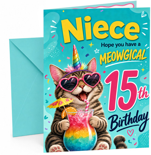 Niece 15th Birthday Card Unicorn Cat Rainbow Cocktail