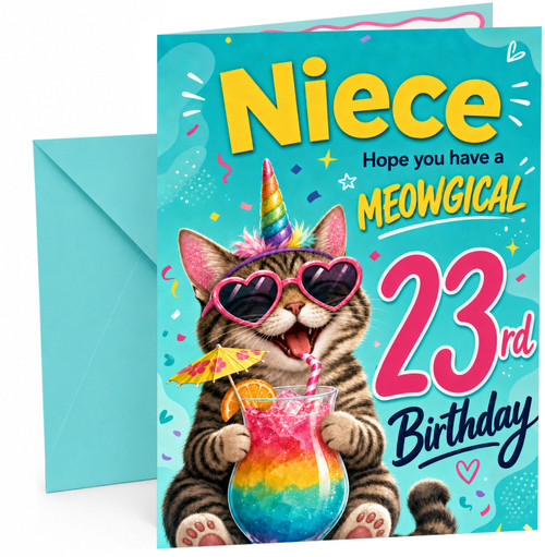 Niece 23rd Birthday Card Meowgical Unicorn Cat Cocktail