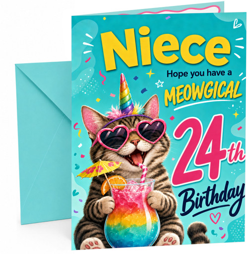 Niece 24th Birthday Card Unicorn Cat Rainbow Cocktail