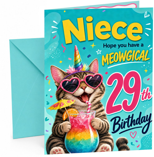 Niece 29th Birthday Card Meowgical Unicorn Cat Cocktail