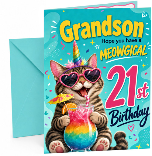 Grandson 21st Birthday Card Meowgical Unicorn Cat Cocktail
