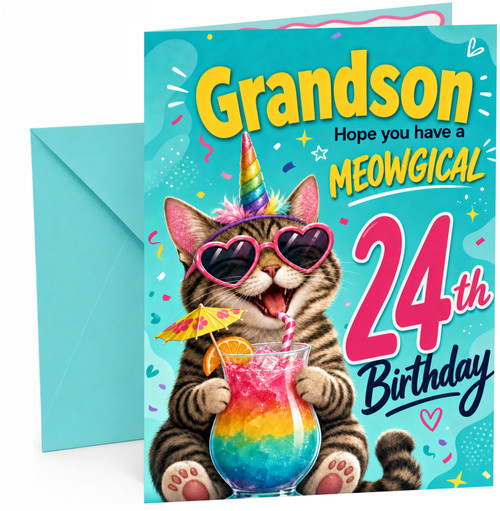 Grandson 24th Birthday Card Meowgical Cat Rainbow Cocktail