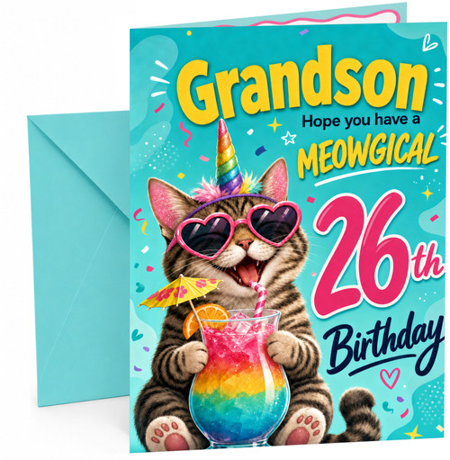 Grandson 26th Birthday Card Meowgical Unicorn Cat Cocktail
