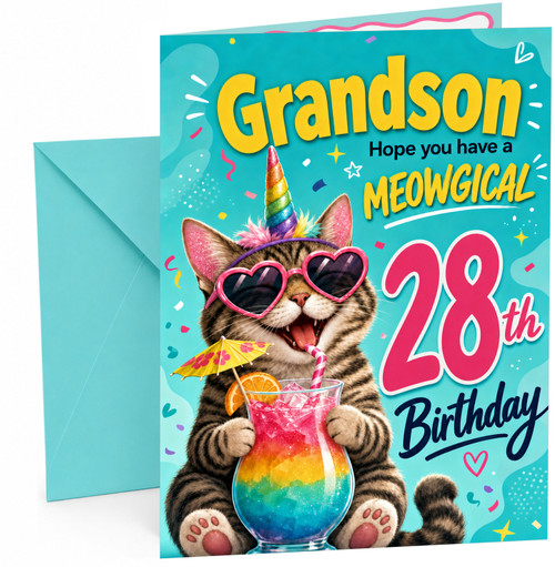 Grandson 28th Birthday Card Meowgical Unicorn Cat Cocktail