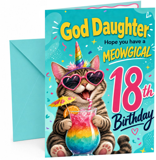 God Daughter 18th Birthday Card Meowgical Unicorn Cat Cocktail