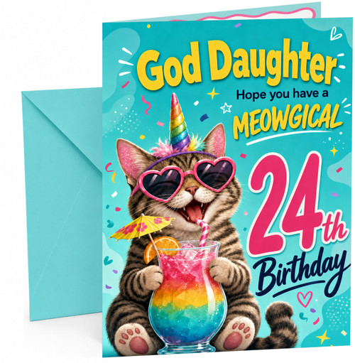 God Daughter 24th Birthday Card Meowgical Unicorn Cat Cocktail