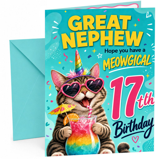 Great Nephew 17th Birthday Card Unicorn Cat Rainbow Cocktail