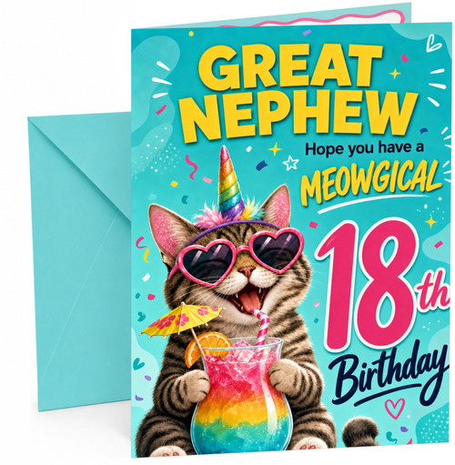 Great Nephew 18th Birthday Card Unicorn Cat Cocktail
