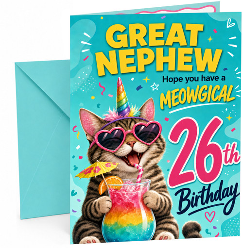 Great Nephew 26th Birthday Card Unicorn Cat Rainbow Cocktail