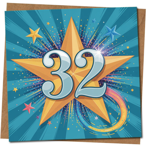 32nd Birthday Card - Starburst Big Gold Star Design - 145mm x 145mm Square - Colourful Celebration Card for Age 32, Includes Kraft Envelope