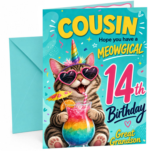 Great Grandson 14th Birthday Card Unicorn Cat Rainbow Cocktail