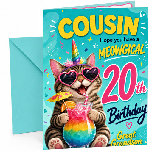 Great Grandson 20th Birthday Card Unicorn Cat Rainbow Cocktail