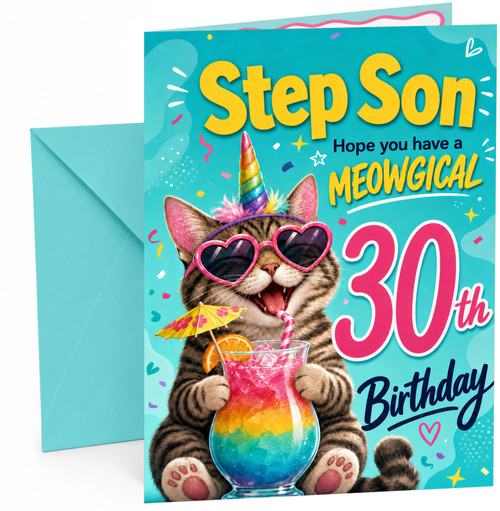 Step Son 30th Birthday Card Meowgical Cat Rainbow Cocktail