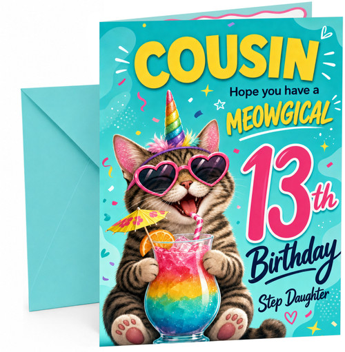 Step Daughter 13th Birthday Card Unicorn Cat Rainbow Cocktail