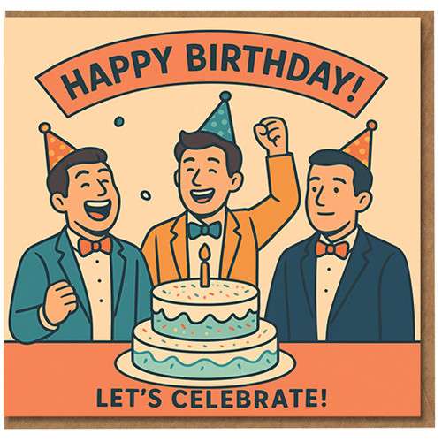 Happy Birthday Let's Celebrate Card - Retro Party Hats and Cake Illustration, Fun Celebration Design for Friends, Family, Him or Her