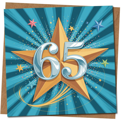 65th Birthday Card, Starburst Gold Star Design, 145mm x 145mm Square, Milestone Celebration for Him or Her, Includes Kraft Envelope