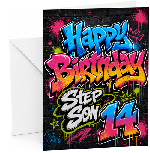 Step Son 14th Birthday Card Graffiti Brick Wall Paint Splats