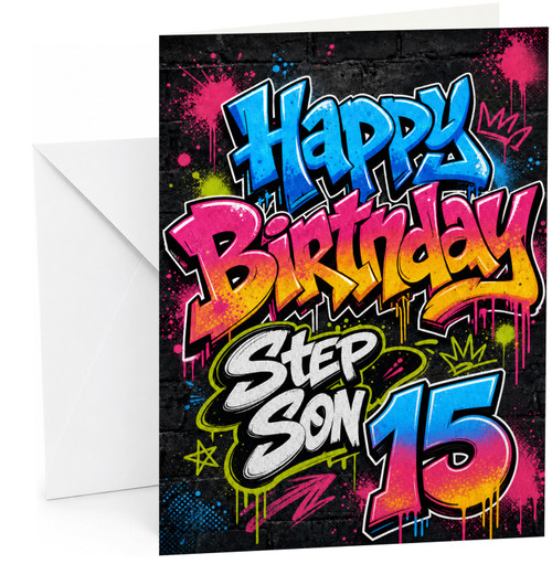 Step Son 15th Birthday Card Graffiti Neon Paint Splatter