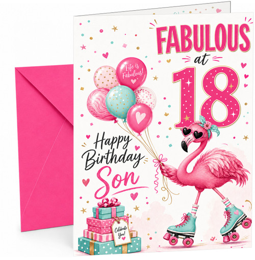 Son 18th Birthday Card Flamingo on Roller Skates Balloons