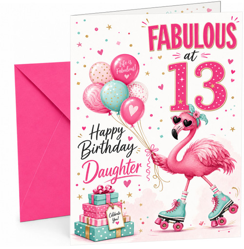 Daughter 13th Birthday Card Fabulous Flamingo on Roller Skates