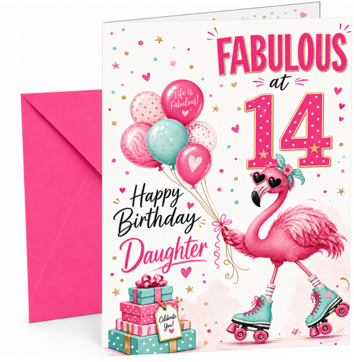 Daughter 14th Birthday Card Fabulous Flamingo on Roller Skates