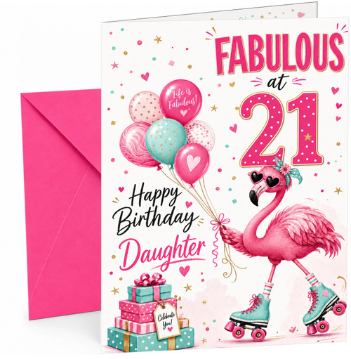 Daughter 21st Birthday Card Fabulous Flamingo on Roller Skates