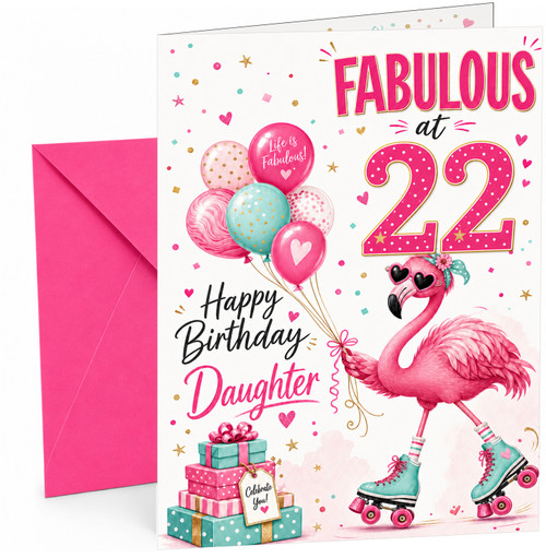 Daughter 22nd Birthday Card Fabulous Flamingo on Roller Skates