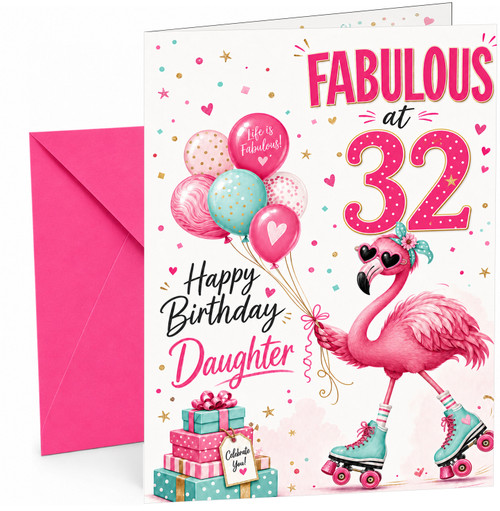 Daughter 32nd Birthday Card Flamingo on Roller Skates &