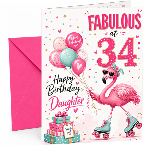 Daughter 34th Birthday Card Fabulous Flamingo on Roller Skates