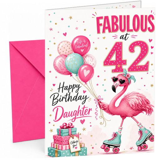Daughter 42nd Birthday Card Fabulous Flamingo on Roller Skates