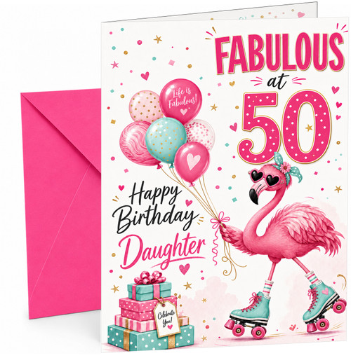 Daughter 50th Birthday Card Fabulous Flamingo on Roller Skates
