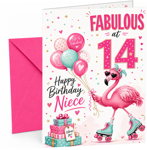 Niece 14th Birthday Card Fabulous Flamingo on Roller Skates