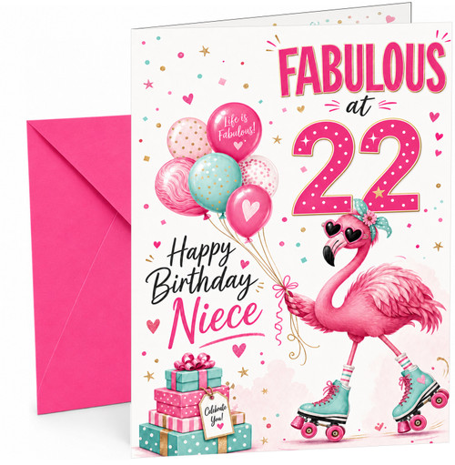 Niece 22nd Birthday Card Flamingo on Roller Skates & Balloons