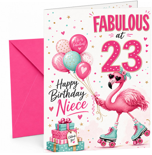 Niece 23rd Birthday Card Flamingo on Roller Skates & Balloons