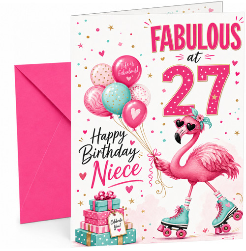 Niece 27th Birthday Card Fabulous Flamingo on Roller Skates