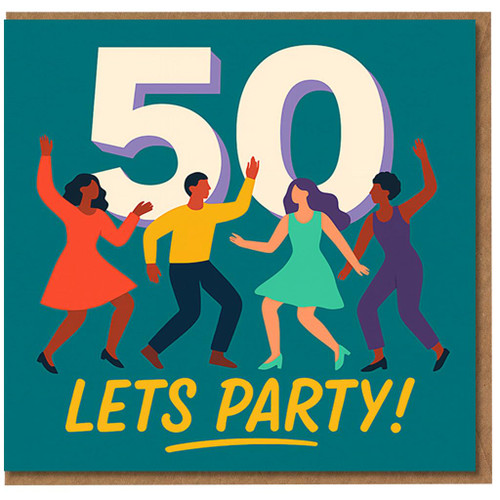 50th Birthday Card - LETS PARTY! Big 50 with Dancing Figures, Colourful Party Illustration - Fun Milestone Celebration for Him or Her, Friends or Family