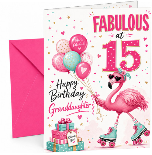 Granddaughter 15th Birthday Card Flamingo on Roller Skates