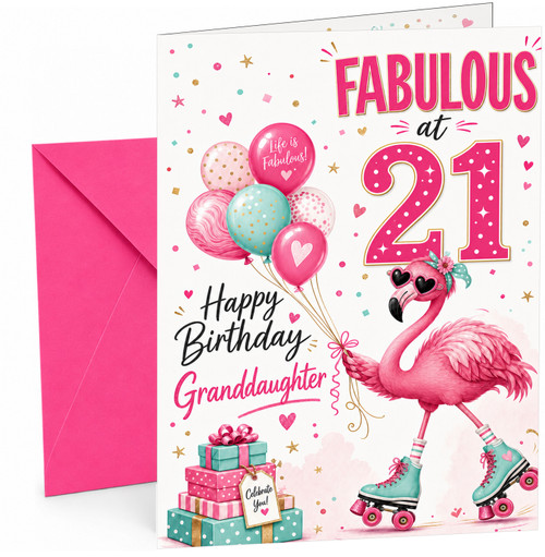 Granddaughter 21st Birthday Card Flamingo on Roller Skates
