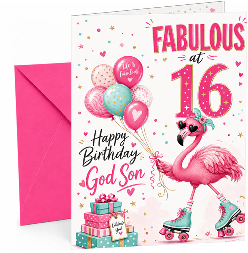 God Son 16th Birthday Card Fabulous Flamingo on Roller Skates
