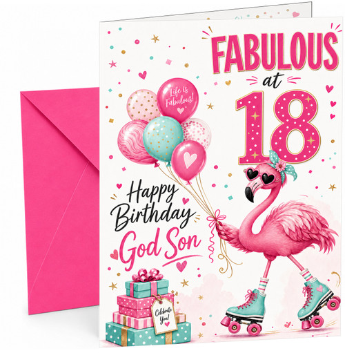 God Son 18th Birthday Card Fabulous Flamingo on Roller Skates