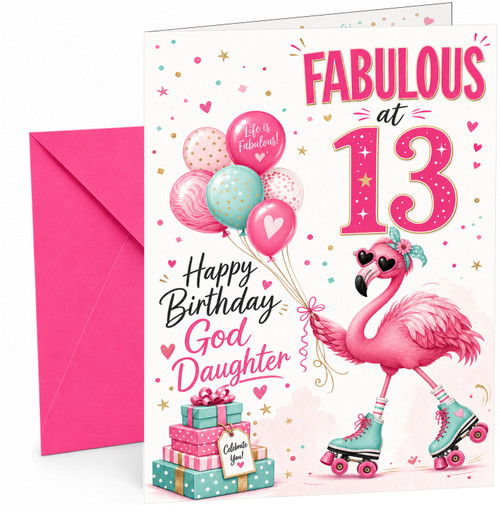 God Daughter 13th Birthday Card Flamingo on Roller Skates