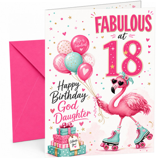 God Daughter 18th Birthday Card Flamingo on Roller Skates