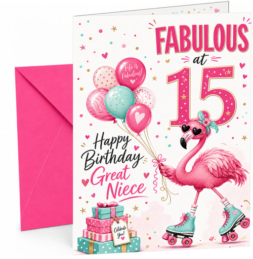 Great Niece 15th Birthday Card Fabulous Flamingo on Skates