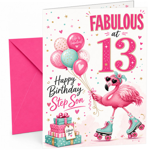 Step Son 13th Birthday Card Flamingo on Roller Skates
