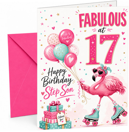 Step Son 17th Birthday Card Flamingo on Roller Skates